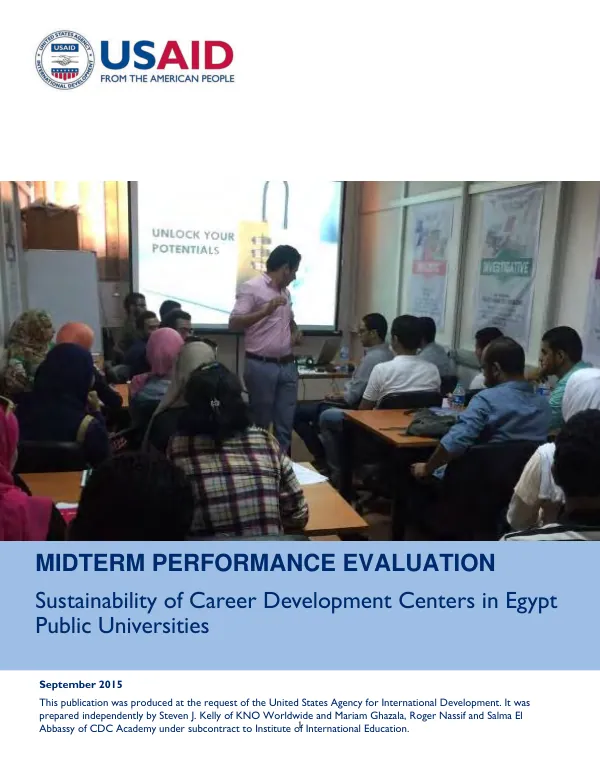 Midterm performance evaluation : sustainability of career development centers in Egypt public universities