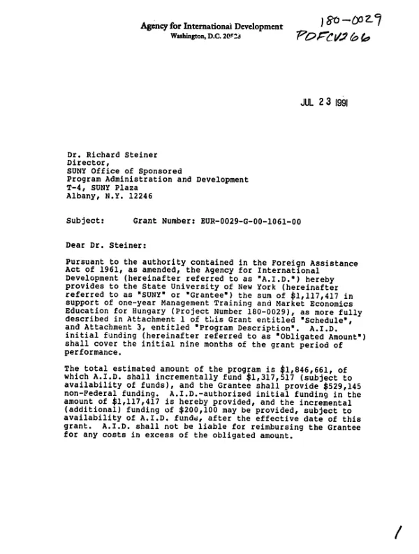 AID grant no. EUR-0029-G-00-1061-00 to the State University of New York (SUNY) for support under the management training and economics education program