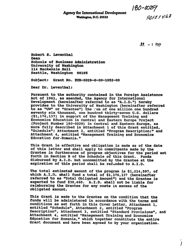 AID grant no. EUR-0029-G-00-1052-00 to the University of Washington for support under the management training and economics education program