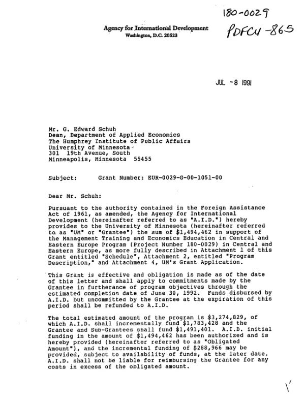 AID grant no. EUR-0029-G-00-1051-00 to the University of Minnesota for support under the management training and economics education program