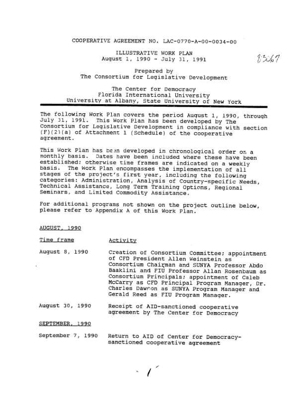 Cooperative agreement no. LAC-0770-A-00-0034-00 : illustrative work plan, August 1, 1990 - July 31, 1991
