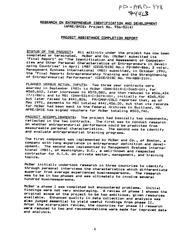 Research on entrepreneur identification and development (APRE/SMIE : project no. 936-5314) -- project assistance completion report
