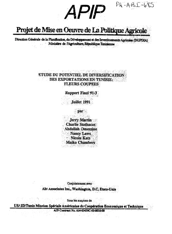 Etude du potentiel de diversification des exportations en Tunisie : fleurs coupees