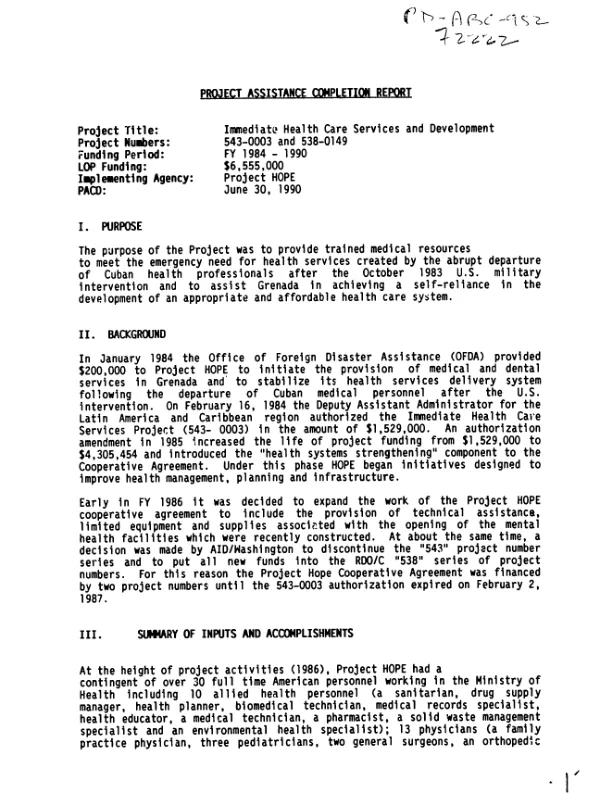 Project assistance completion report : immediate health care services and development