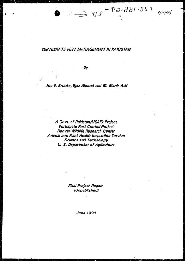 Vertebrate pest management in Pakistan : final report of the vertebrate pest control project, November 1985-June 1991