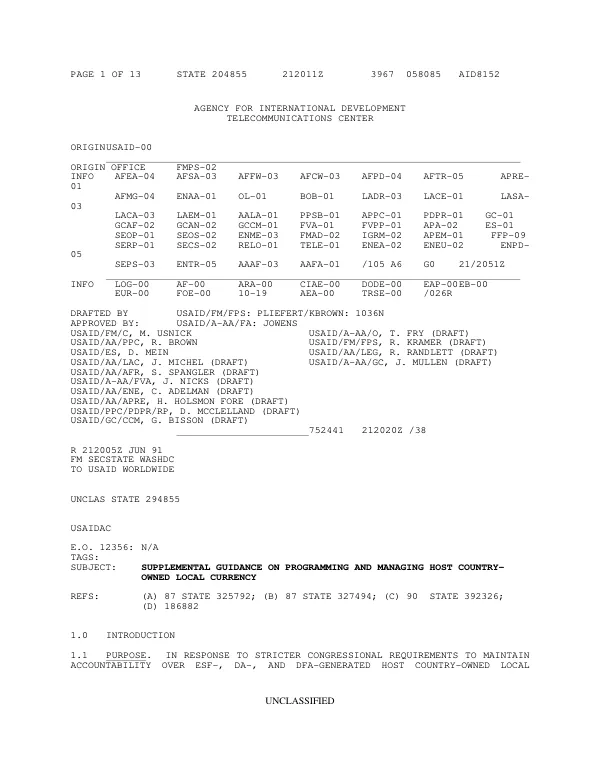 Supplemental guidance on programming and managing host country-owned local currency