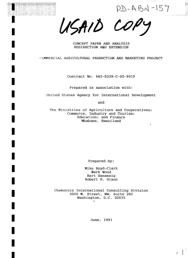 Concept paper and analysis : redirection and extension -- commercial agricultural production and marketing project, contract no. 645-0229-C-00-9019[-00]