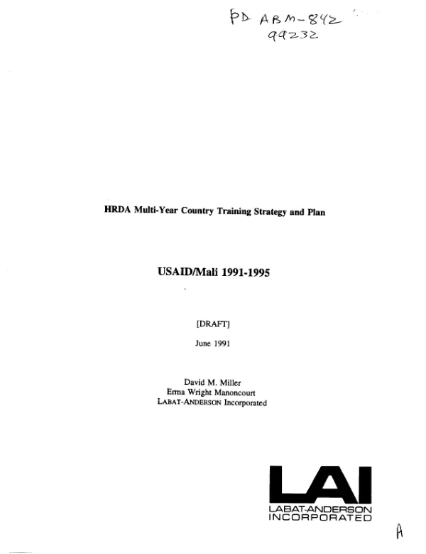 HRDA [human resources development assistance] multi-year country training strategy and plan : USAID/Mali, 1991-1995