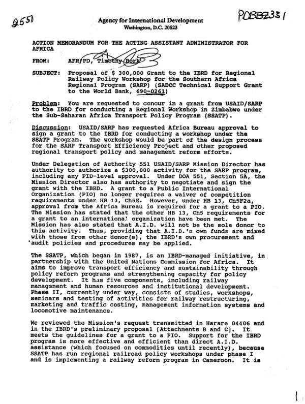 Action memorandum for the Acting Assistance Administrator for Africa : grant to the IBRD for a regional railway policy workshop for the Southern Africa regional program (SARP) (SADCC technical support grant to the World Bank, 690-0261)