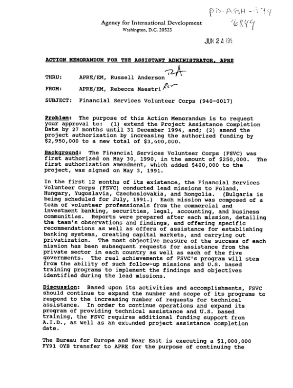 Action memorandum for the Assistant Administrator, PRE : Financial Services Volunteer Corps (940-0017)