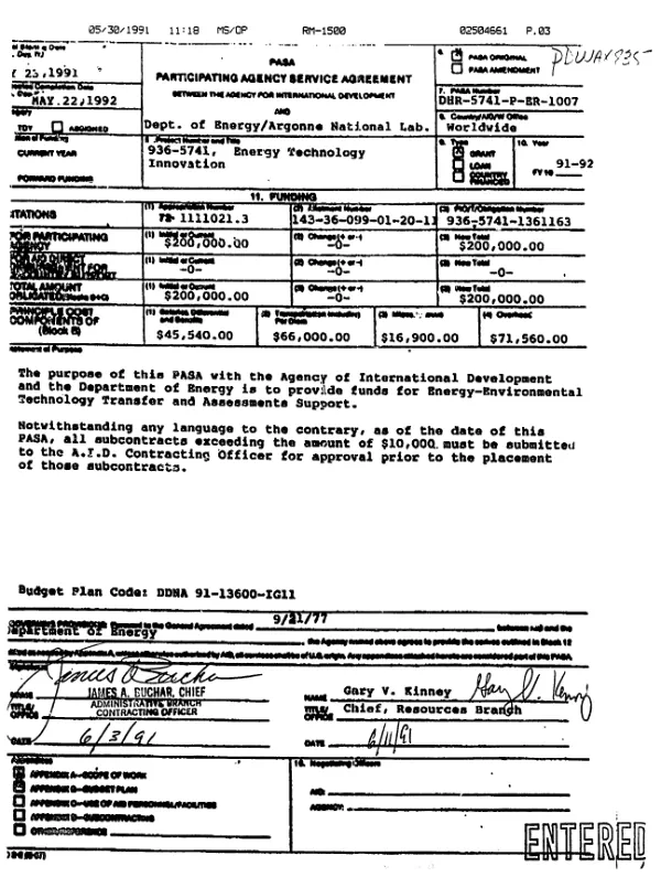 PASA (participating agency service agreement) between the Agency for International Development and Department of Energy, Argonne National Laboratory [for energy technology innovation]
