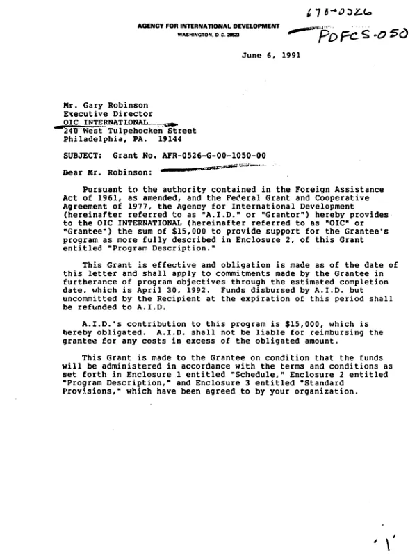 AID grant no. AFR-0526-G-00-1050-00 to OIC International to promote an effective partnership between OIC and African NGOs in the area of appropriate new program development strategies