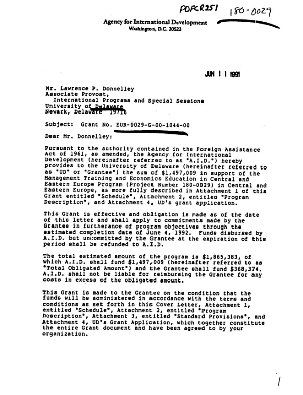 AID grant no. EUR-0029-G-00-1044-00 to University of Delaware for support under the management training and economics education program