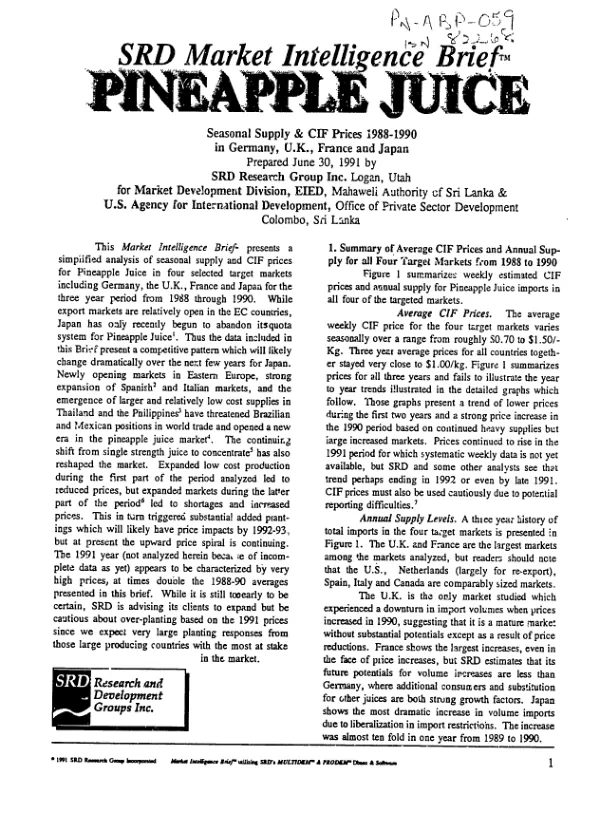 Pineapple juice : season supply and CIF prices 1988-1990 in Germany, U.K., France and Japan