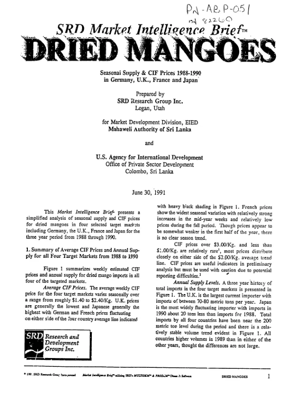 Dried mangoes : seasonal supply and CIF prices 1988-1990 in Germany, U.K., France, and Japan
