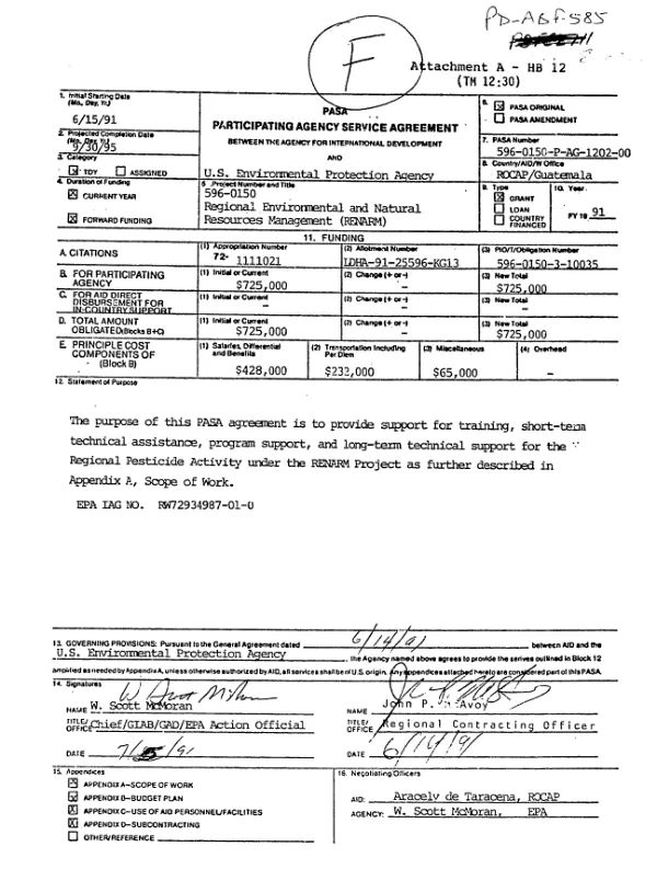 PASA participating agency service agreement between the Agency for International Development and U. S. Environmental Protection Agency : regional environmental and natural resources management (RENARM)