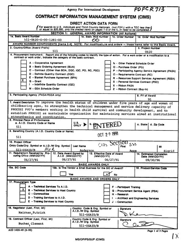 AID grant no. 511-0620-G-00-1281-00 to PROCOSI for the child survival PVO network II project in Bolivia
