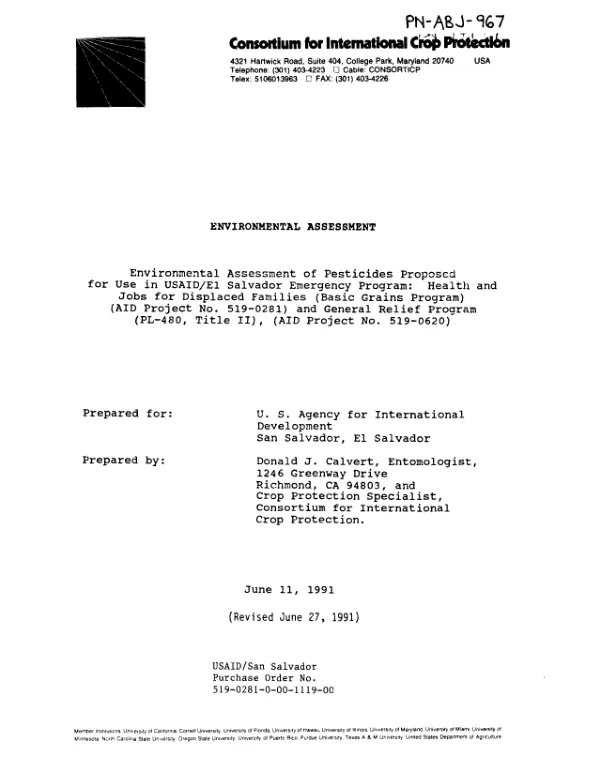 Environmental assessment of pesticides proposed for use in USAID/El Salvador emergency program : health and jobs for displaced families (basic grains program) (AID 519-0281) and general relief program (PL-480, Title II), (AID project no. 519-0620)