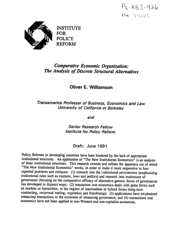 Comparative economic organization : the analysis of discrete structural alternatives
