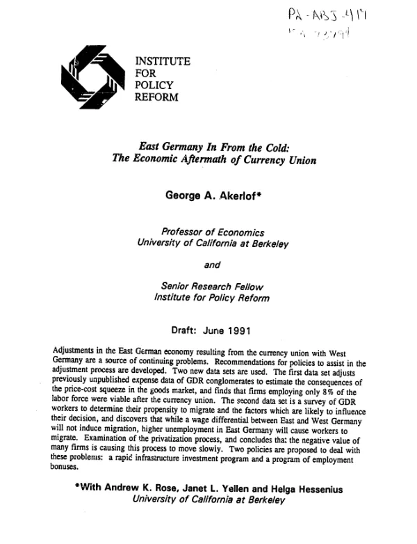 East Germany in from the cold : the economic aftermath of currency union