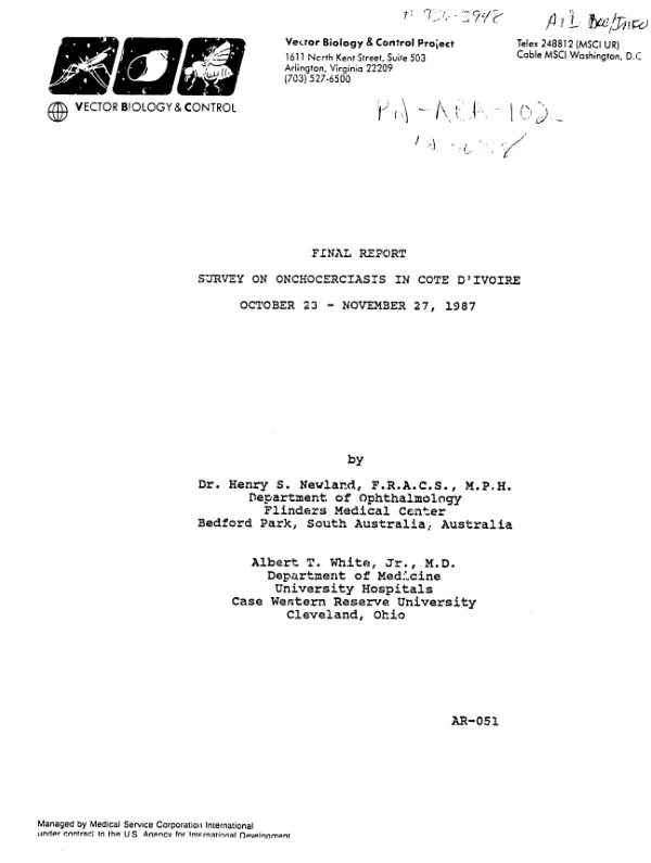Final report : survey on onchocerciasis in Cote d"Ivoire, October 23-November 27, 1987