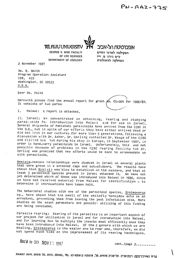 Annual report for 1986/87 : agreement between AID and Tel Aviv University on development of integrated management methods
