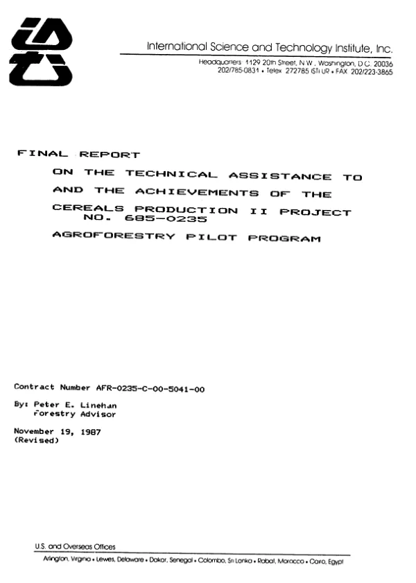 Final report on the technical assistance to and the achievements of the cereals production II project, no. 685-0235 : agroforestry pilot program