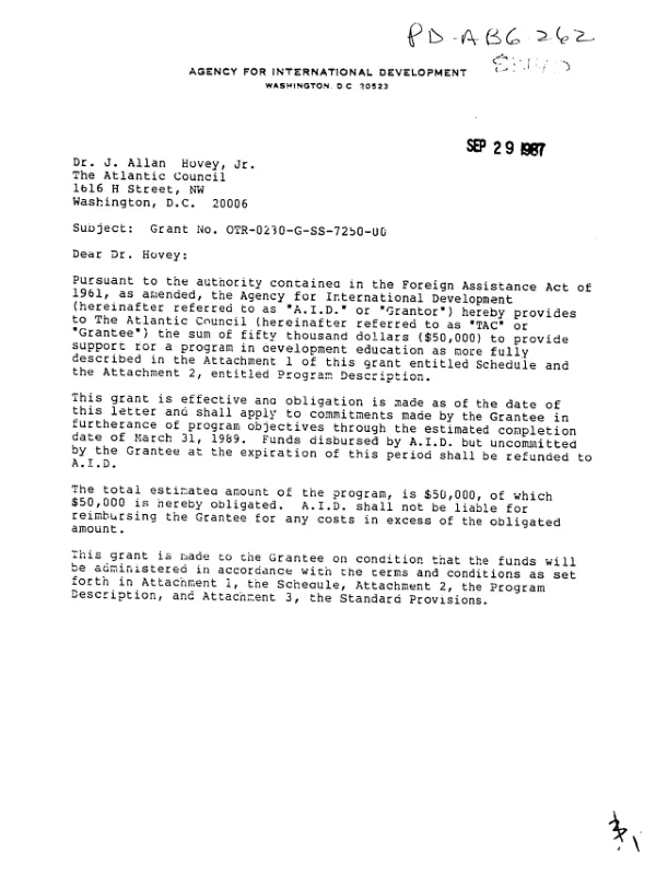 AID grant no. OTR-0230-G-SS-7250-00 to the Atlantic Council for a program in development education