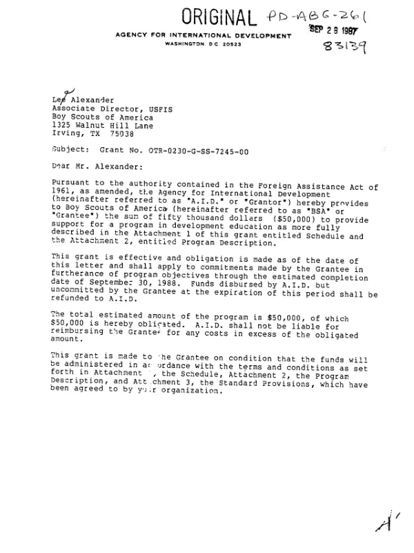 AID grant no. OTR-0230-G-SS-7245-00 to the Boy Scouts of America to provide support for a program in development education