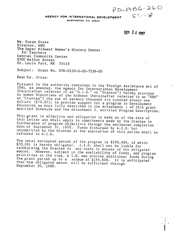 AID grant no. OTR-0230-G-SS-7238-00 to Women Historians of the Midwest for a program in development education