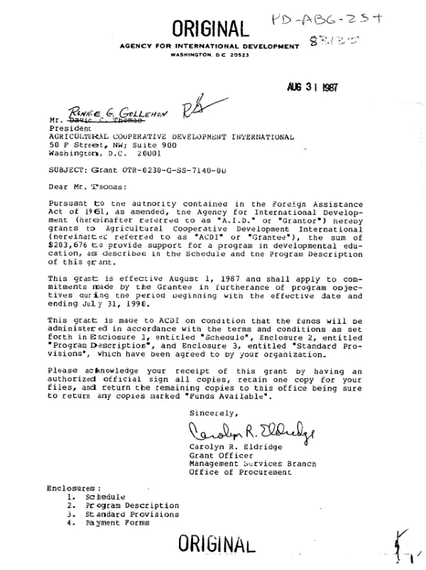 AID grant no. OTR-0230-G-SS-7140-00 to Agricultural Cooperative Development International to provide support for a program in developmental education