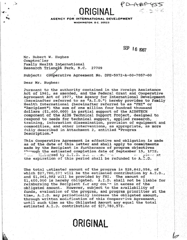 AID cooperative agreement no. DPE-5972-A-00-7057-00 with Family Health International in partial support of the AIDSTECH component of the AIDS technical support project