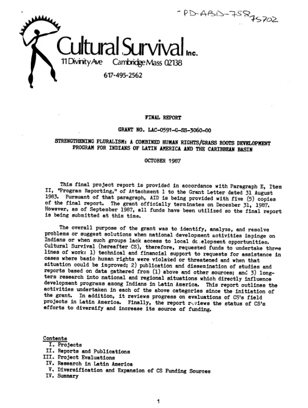 Final report : grant no. LAC-0591-G-SS-3060-00 -- strengthening pluralism : a combined human rights/grass roots development program for Indians of Latin America and the Caribbean Basin