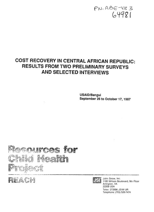 Cost recovery in Central African Republic : results from two preliminary surveys and selected interviews