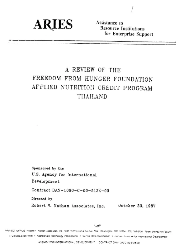 ARIES (Assistance to resource institutions for enterprise support) : a review of the Freedom from Hunger Foundation applied nutrition credit program, Thailand