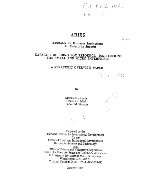 ARIES -- assistance to resource institutions for enterprise support : capacity building for resource institutions for small and micro-enterprises -- a strategic overview paper