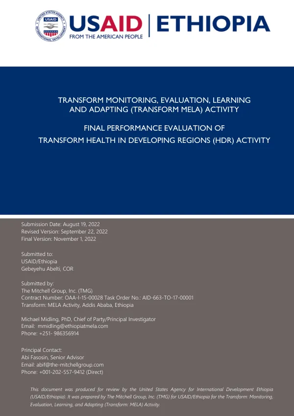 Final performance evaluation of transform health in developing regions (HDR) activity