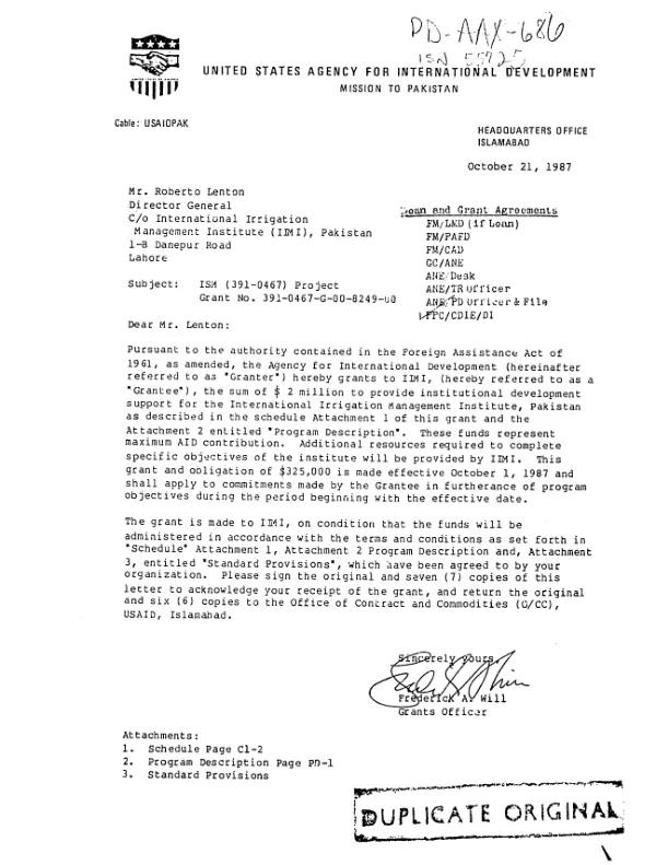 Grant to International Irrigation Management Institute (IIMI) Pakistan -- grant no. 391-0467-G-00-8249-00