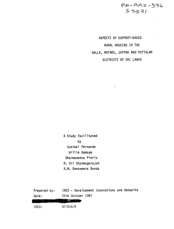 Aspects of support-based rural housing in the Galle, Matara, Jaffna and Puttalam districts of Sri Lanka