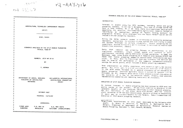 Agricultural technology improvement project (ATIP), misc. paper : economic analysis of the ATIP double ploughing trials, 1983-87