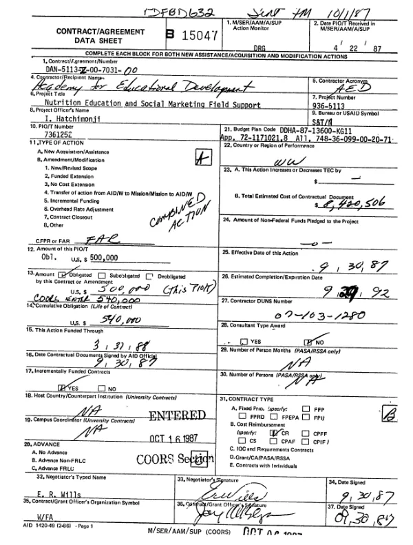 AID contract no. DAN-5113-Z-00-7031-00 to the Academy for Educational Development to implement a project to promote the use of social marketing techniques in nutrition education programs, especially those relating to child survival