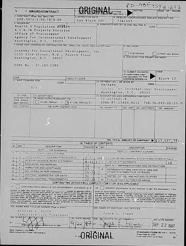 AID contract no. DPE-5972-Z-00-7070-00 with the Academy for Educational Development, Inc. for AIDS technical support : public health communication component
