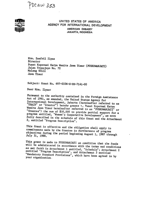 AID grant no. 497-0336-G-SS-7141-00 to Pusat Koperasi Karya Wanita Jawa Timur (PUSKOWANJATI) for a program entitled women"s cooperative development