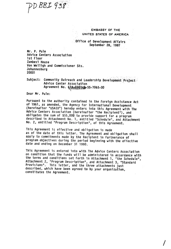 AID agreement no. 674-0301-G-SS-7065-00 with Advice Centers Association for the community outreach and leadership development project