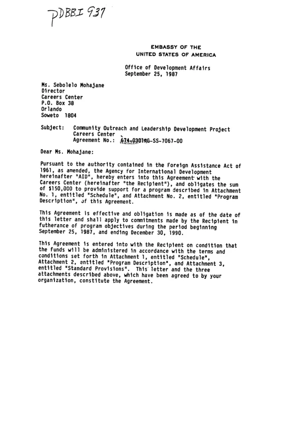 AID agreement no. 674-0301-G-SS-7067-00 with Careers Center for the community outreach and leadership project