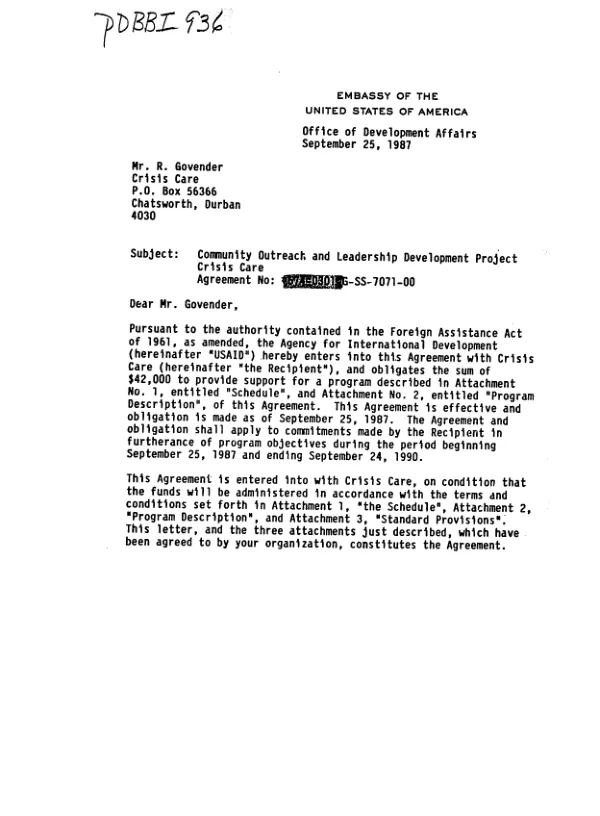AID agreement no. 674-0301-G-SS-7071-00 with Crisis Care for the community outreach and leadership development project