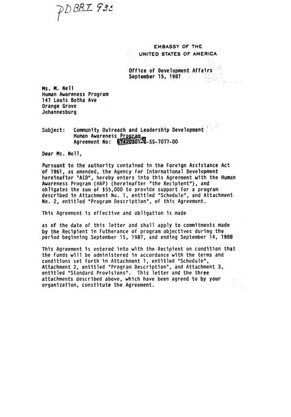 AID agreement no. 674-0301-G-SS-7077-00 with the Human Awareness Program for community outreach and leadership development