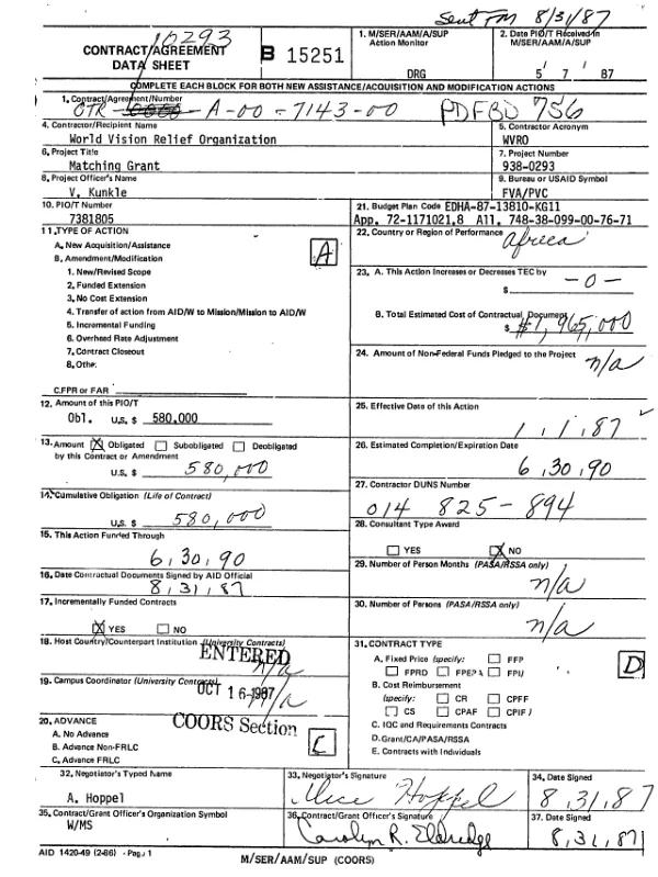 Cooperative agreement no. OTR-0293-A-00-7143-00 with World Vision Relief Organization