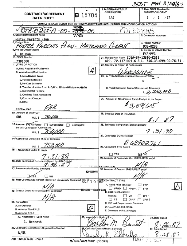 AID cooperative agreement no. OTR-0288-A-00-7196-00 to Foster Parents Plan for a program to assist poorer rural families to increase their income in a substantive manner