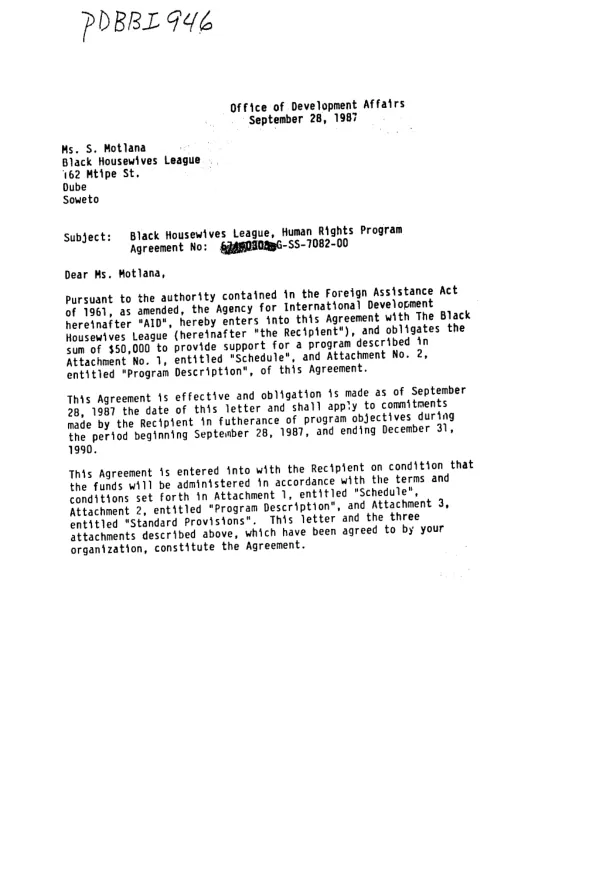 AID agreement no. 674-0305-G-SS-7082-00 with Black Housewives League for a human rights program